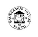 Gaudeamus igitur Tartu logotips — apaļa melnbalta emblēma ar stilizētu ēku, atvērtu grāmatu un uzrakstu ‘Gaudeamus igitur Tartu’, apakšā norādīts skaitlis 350
