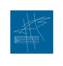 Gaudeamus logotips uz zila fona ar abstraktu baltu līniju kompozīciju un nelielu teksta bloku apakšējā kreisajā stūrī.